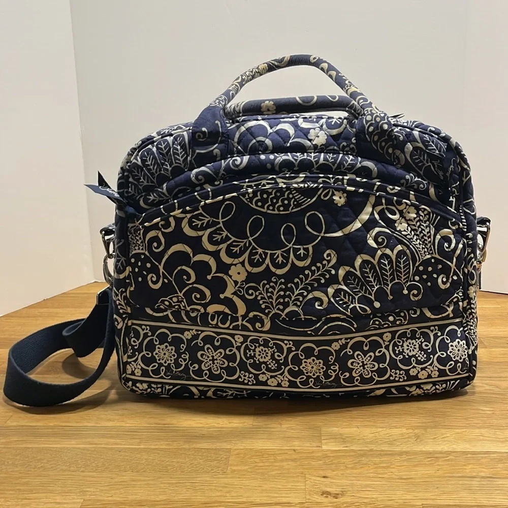 Vera Bradley Blue & Ivory Floral Paisley Print Laptop Commuter Bag Travel Tote